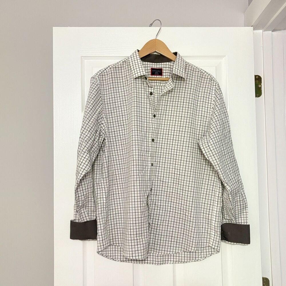 Untuckit Shirt Mens L Gray White Check Wrinkle Free Cotton Long Sleeve Button Up